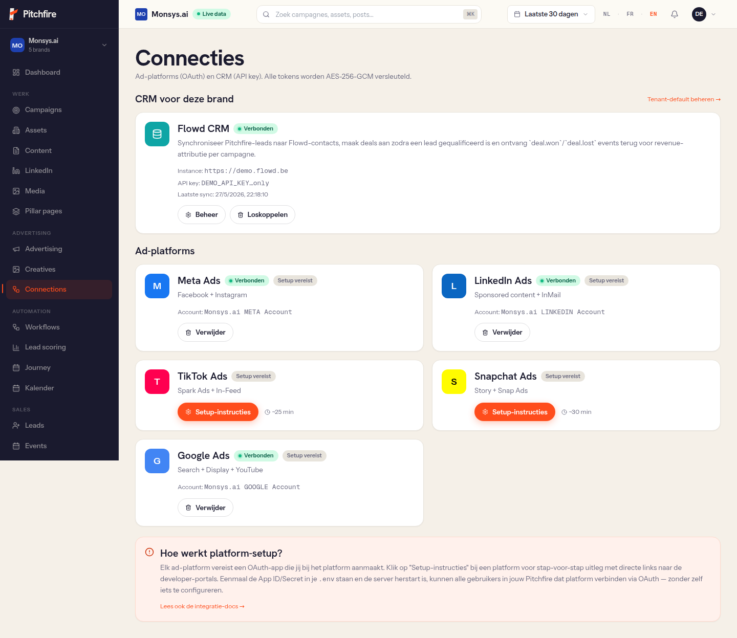 Connecties overzicht — CRM + ad-platforms
